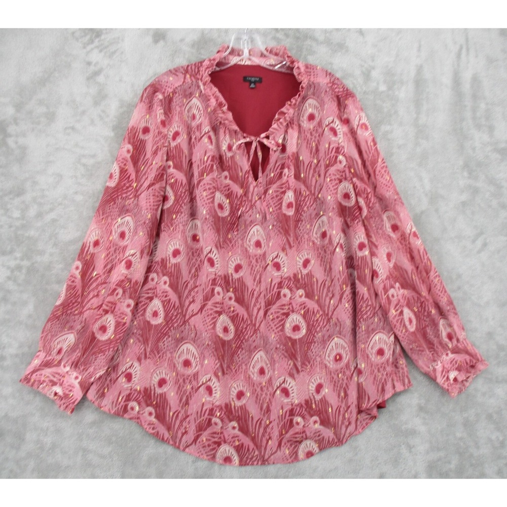 Talbots Blouse Womens Size 2X Pink Peacock Metallic Ruffle Neck Office Career